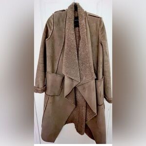 Marciano tan, longline, faux-suede and sherpa-lined trench jacket